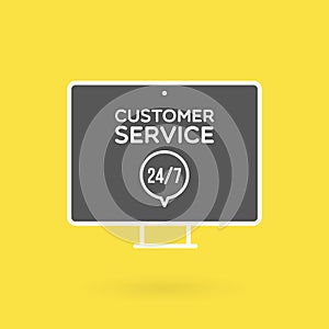 Desktop computer customer service 24/7 illustration. Concept of 24/7, open 24 hours, support, assistance, contact, customer