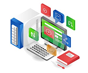 Desktop computer data application in flat isometric illustration design