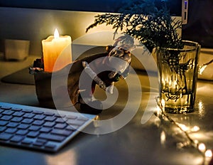 desktop with computer decorated with Christmas decor candles, garland, santa claus in the evening dark background