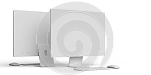Desktop computer display with keyboard and mouse isolated on white background