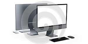 Desktop computer display with keyboard and mouse isolated on white background