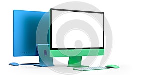 Desktop computer display with keyboard and mouse isolated on white background