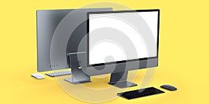 Desktop computer display with keyboard and mouse isolated on yellow background