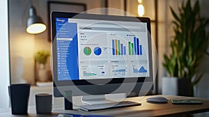Desktop computer displaying google analytics data on a wooden office desk