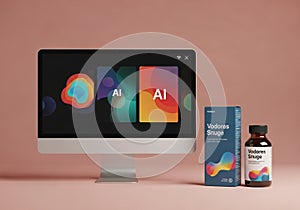 A desktop computer displays colorful abstract graphics with the