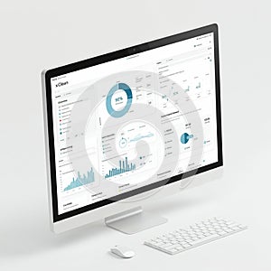 A desktop computer displays a detailed dashboard screen featuring graphs, charts,