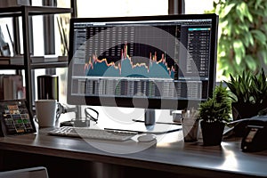 Desktop computer with financial graphs