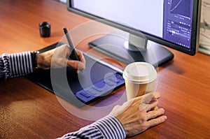Desktop with computer, graphics tablet and a cup of coffee