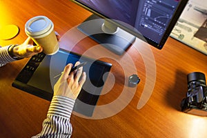 Desktop with computer, graphics tablet and a cup of coffee