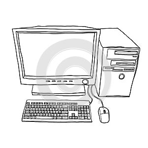 Desktop computer hand drawn line art cute illustration