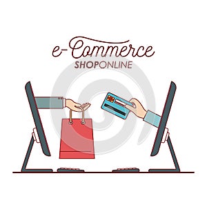 Desktop computer with hand holding a bag shopping process payment card side view e-commerce shop online on white
