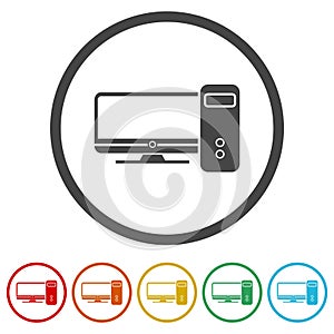 Desktop computer icon. Set icons in color circle buttons