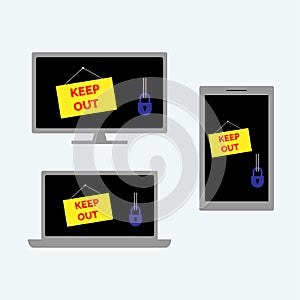 Desktop computer, laptop and tablet with locks and signs saying keep out on their screens. Vector