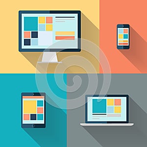 Desktop computer, laptop, tablet and smart phone on color background vector illustration.