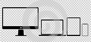 Desktop computer, laptop, tablet, smart phone icons with blank screen isolate on  png or transparent background for new product,