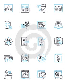 Desktop computer linear icons set. Processor, Memory, Graphics, Storage, Keyboard, Mouse, Monitor line vector and