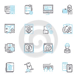 Desktop computer linear icons set. Processor, Memory, Graphics, Storage, Keyboard, Mouse, Monitor line vector and