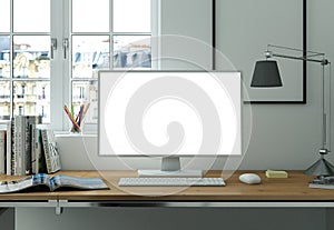 Desktop Computer Mock-up with white Screen Stands on the Office Desk