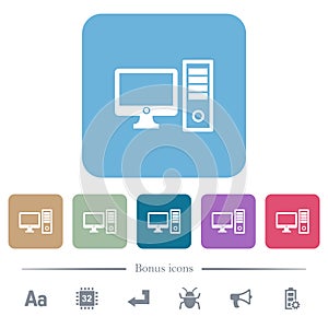 Desktop computer with monitor flat icons on color rounded square backgrounds