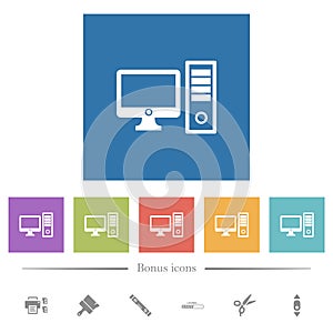 Desktop computer with monitor flat white icons in square backgrounds