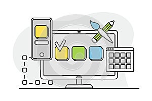 Desktop Computer Monitor with Graphic Editor as Programmed Machine for Operation Vector Illustration