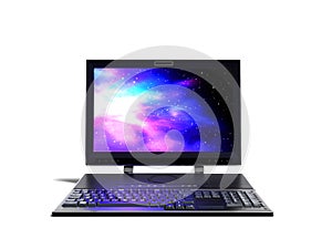 Desktop computer with monitor and keyboard in front 3d render on