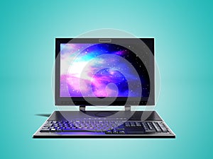 Desktop computer with monitor and keyboard in front 3d render on blue background with shadow