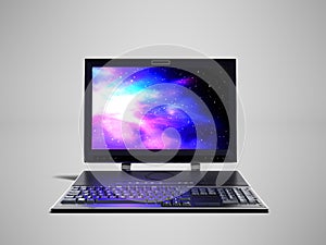 Desktop computer with monitor and keyboard in front 3d render on gray background with shadow