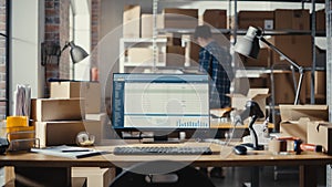 Desktop Computer Monitor Standing on a Table with Statistics and Data Display. Small Business