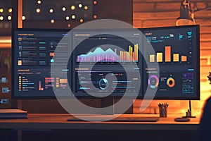 A Desktop Computer with Multiple Data Visualizations on Three Screens