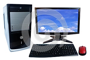 Desktop computer pc set, monitor, keyboard and wireless mouse isolated on white