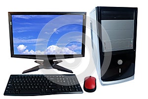 Desktop computer pc set, monitor, keyboard and wireless mouse isolated on white