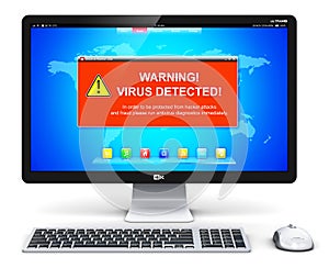 Desktop computer PC with virus attack warning message on screen