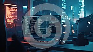 Desktop computer screen displaying source code programming at night