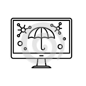 Desktop computer security icon from virus and malware attack or insurance with umbrella