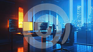 Desktop computer setup displaying code in futuristic office