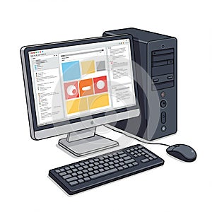 Desktop computer setup with a flat-screen monitor displaying a graphic user interface