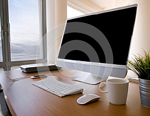 Desktop computer setup, including accessories like keyboard and mouse, representing office work, productivity, and tech