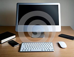 Desktop computer setup, including accessories like keyboard and mouse, representing office work, productivity, and tech