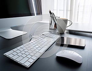 Desktop computer setup, including accessories like keyboard and mouse, representing office work, productivity, and tech