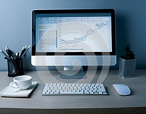 Desktop computer setup, including accessories like keyboard and mouse, representing office work, productivity, and tech