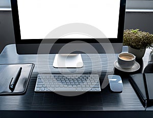 Desktop computer setup, including accessories like keyboard and mouse, representing office work, productivity, and tech