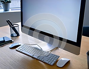 Desktop computer setup, including accessories like keyboard and mouse, representing office work, productivity, and tech