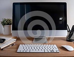 Desktop computer setup, including accessories like keyboard and mouse, representing office work, productivity, and tech