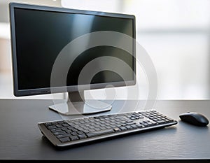 Desktop computer setup, including accessories like keyboard and mouse, representing office work, productivity, and tech
