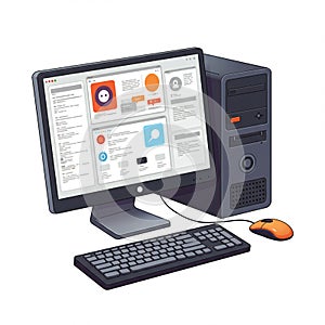 Desktop computer setup with a monitor displaying a user interface featuring various