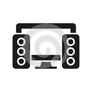 Desktop Computer and Sound Equipment Glyph Pictogram. PC with Speakers Silhouette Icon. Personal Server Hardware and