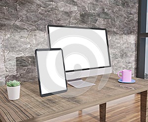 Desktop computer , and tablet 3d rendering mockup .3d illustration