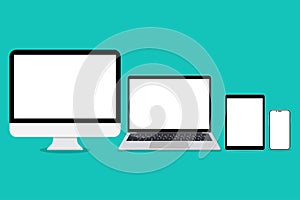 Desktop computer, tablet pc, laptop, smartphone in a flat design with blank screen