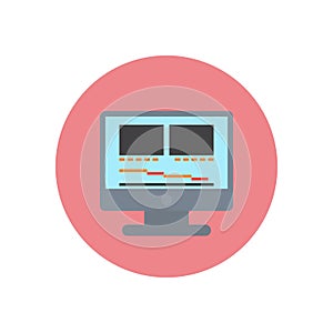 Desktop computer with video editing software flat icon. Round colorful button, Movie production circular vector sign, logo illustr